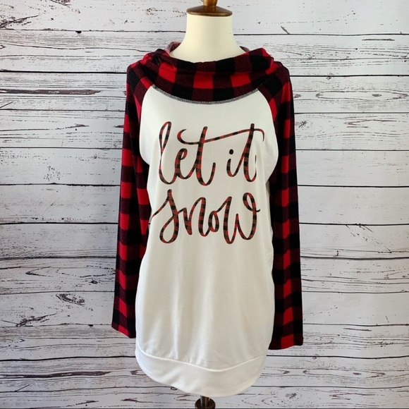 Boutique 'Let It Snow' Cowl Neck Hoodie w/ Plaid Sleeves Size Small - Picture 1 of 7